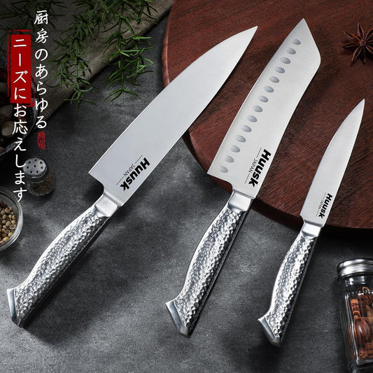 Huusk Chef Knife Set of 5, Japanese Stainless Steel Knife Set Dishwasher Safe, Ultra Sharp Kitchen Knives Sets with Ergonomic Anti-slip Handle, Professional Cooking Knives Sets, Christmas Gifts Ideas
