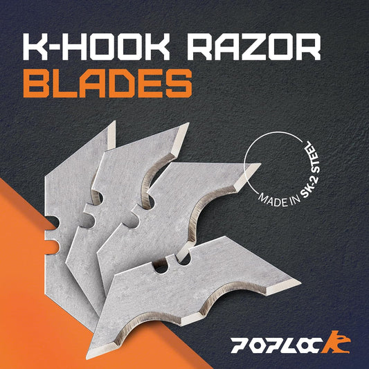 Poplock Hook Blades for Utility Knife, 20 Pack SK2 Steel Hook Utility Knife Blades, Long-Lasting Wide R-Curve Design for Roofing, Carpet & Cardboard – Fits Standard Box Cutters