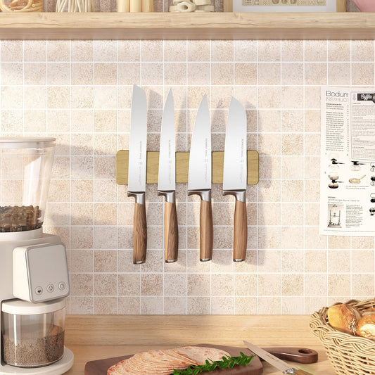 Magnetic Knife Holder for Wall, 16" Acacia Wood No Drill Knife Magnet Strip Use as Tool Key Storage Knife Bar, Powerful Wall Mounted Magnetic Knife Rack for Refrigerator & Kitchen Utensil Organizer