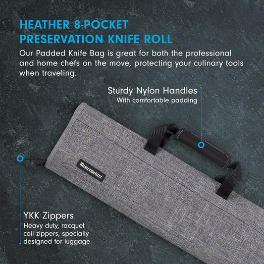 Preservation 8-Pocket Knife Luggage, Heather Gray - 8 Elasticized, Reinforced Pockets for Culinary Tools - Holds Up to 18” Knife - Made From 100% Recycled Water Bottles