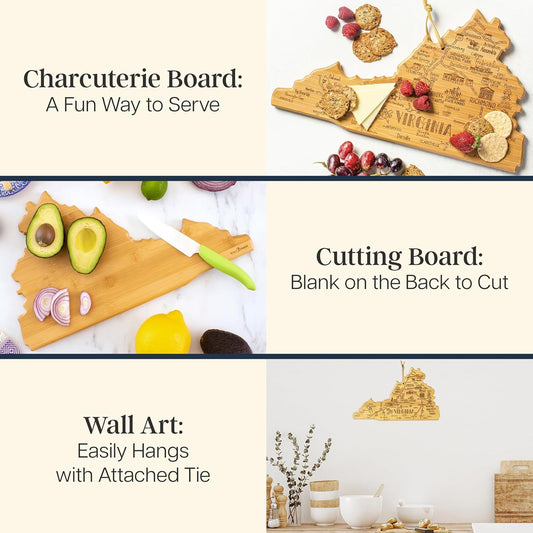 Destination Virginia State Shaped Cutting Board | State charcuterie serving board with engraved map artwork. Smooth reverse side for food prep. Hang tie for wall display.