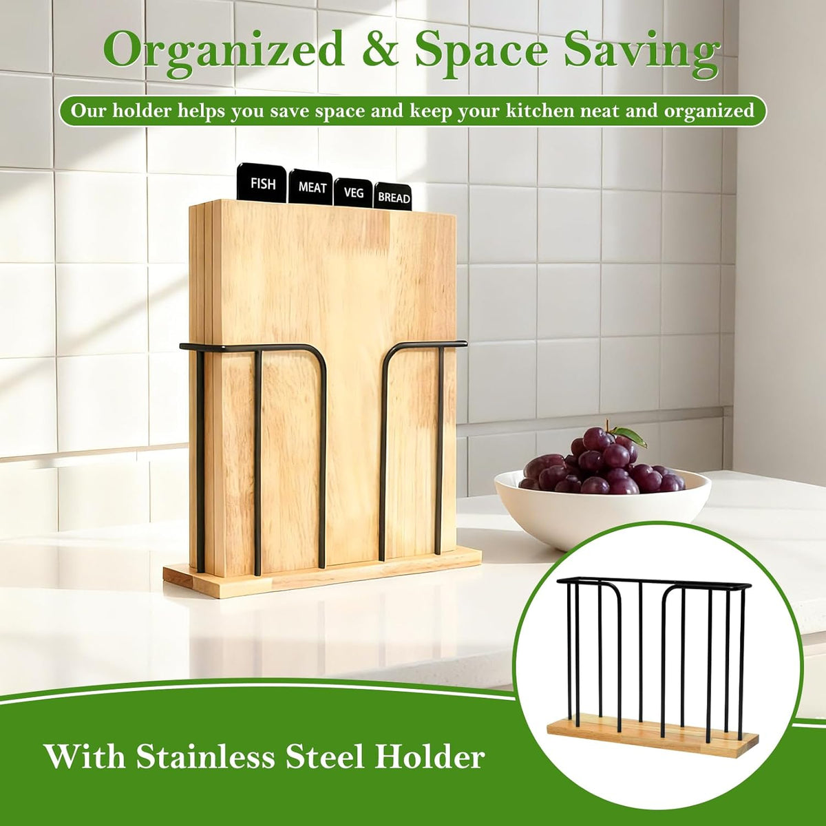 4-Piece Labeled Wood Cutting Board Set with Stand, Chopping & Charcuterie | Easy Stroage & Quick-Drying, Non-Toxic Solid Wood Chopping Boards Perfect for Kitchen, RV & Buffet, Safe & Durable Choice