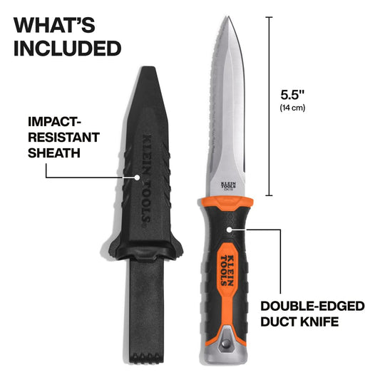 DK16 Double-Edged Duct Knife, Serrated Stainless Steel Blade, Designed for Duct Board and Insulation, Fixed Blade Knife with Sheath, 5-1/2-Inch