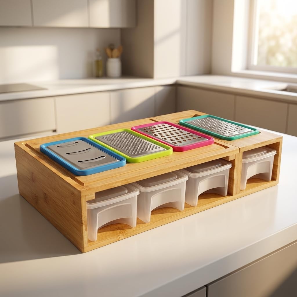 Bamboo Cutting Board with 4 Containers, Large Chopping Board with Juice Grooves, Easy-grip Handles & Food Sliding Opening, Carving Board with Trays for Food Storage, Transport and Cleanup