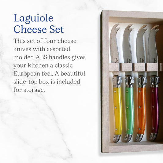 Laguiole 4-Piece Multicolor Cheese Knives Set in Slide-Top Box - Rust-Resistant Stainless Steel - Made in France