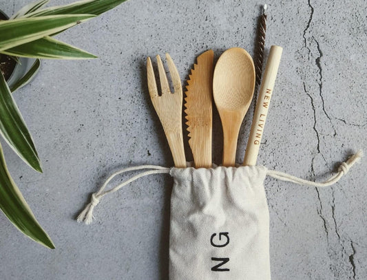 Bamboo Cutlery Set | Reusable, for Travel | Includes Bamboo Straw, Fork, Knife, Spoon, Cleaner & Carry Case | Eco Product