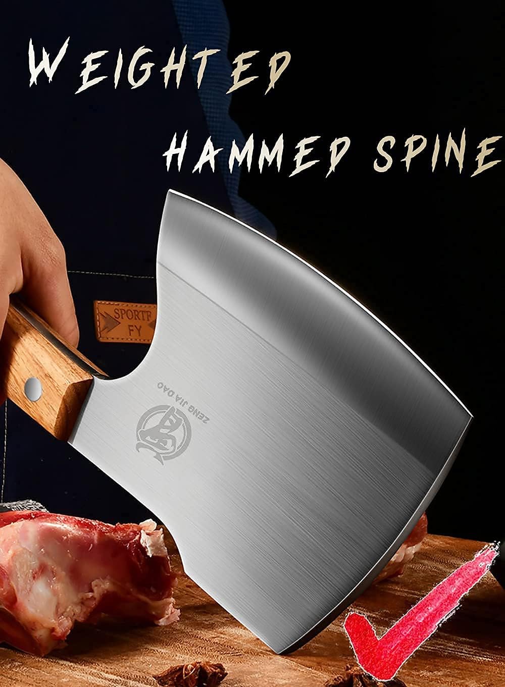 Big Bones Cleaver Knife - Heavy Duty Butcher Knife - Axe Chopper for Kitchen Restaurant Farm and Slaughterhouse- Cutting any bones- Solid Pear Wood Handle - Gift for Tough Guys