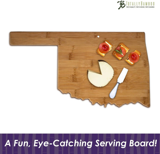 Oklahoma State Shaped Bamboo Serving and Cutting Board | State charcuterie board with natural bamboo grain. Knife-friendly surface for food prep. Hang tie for wall display.