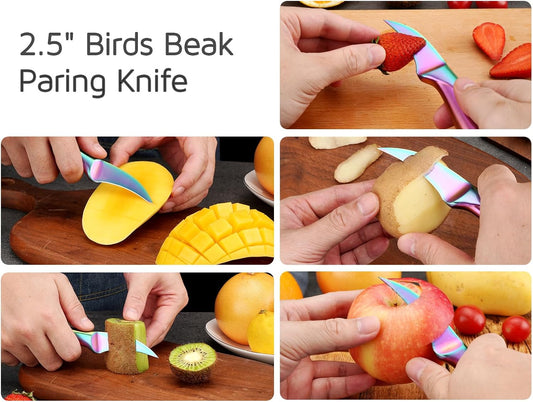 Birds Beak Paring Knife, 2.5 Inch Peeling Knives with Rainbow Titanium Coated High Carbon Stainless Steel Curved Blade for Fruit and Vegetable Garnishing Cutting