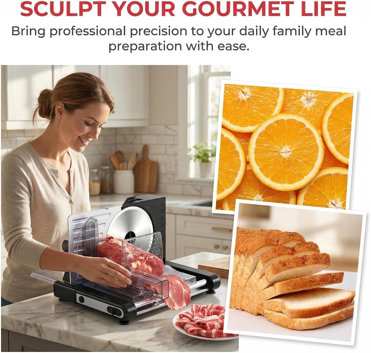 Meat Slicer Machine for Home, Foldable 120W Electric Jerky Food Slicer Adjustable 0-15mm Thickness for Frozen Deli Meat Cutter Cheese Bread Slicers, 7.5" Stainless Steel Blade & Food Pusher for Safety
