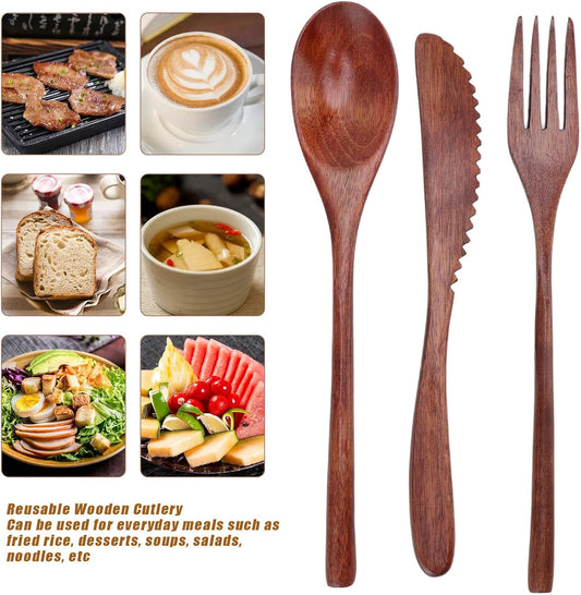 Wooden Cutlery Set, 3 PCS Wooden Spoon Fork Knife for Eating, Wooden Utensil Reusable Dinner Set with Case, Kitchen Flatware Set Travel Cutlery