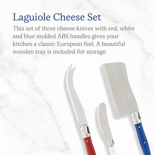 Laguiole 3-Piece Cheese Knife Set, Paris-Colored Handles - Rust-Resistant Stainless Steel - Includes Wooden Tray - Made in France