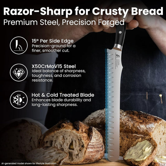 Bread Knife for Homemade Bread, 9 Inch Multifunction Serrated Knife, Razor Sharp Slicer, High Carbon German Steel Bread Cutter, Ergonomic Handle Design for Sourdough Turkey Fruit Cutting