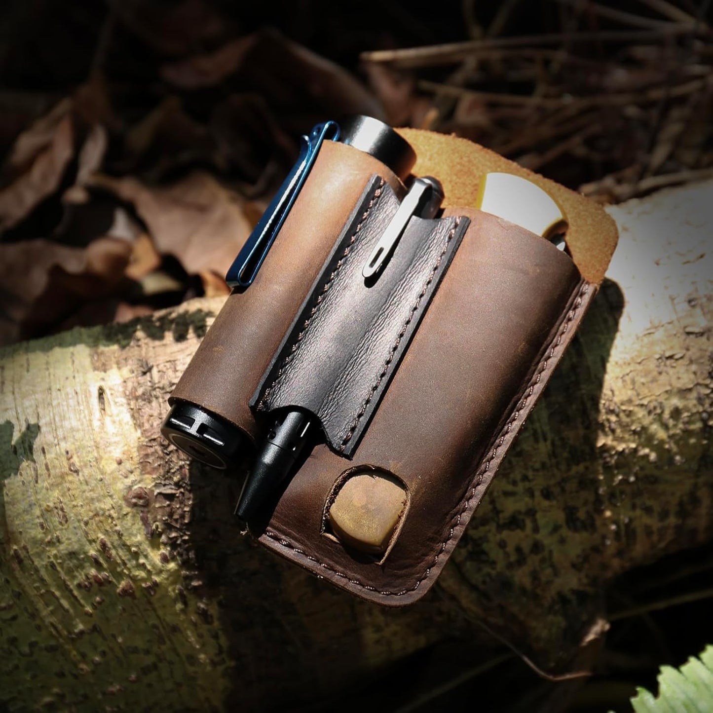 Leather Multitool Sheath with Belt Clip - Multi Tool Holster for Belt - EDC Belt Organizer Fits Multitool, Flashlight, Pen - Leather EDC Pouch, DarkBrown