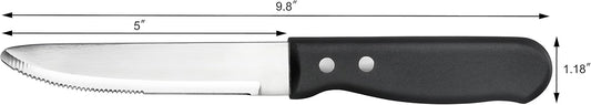10 Inch Jumbo Steak Knife Set of 12, Serrated Stainless Steel Table Knives with 5 Inch Rounded Blades and Black Plastic Handles
