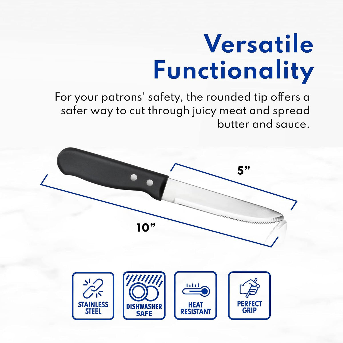 10 Inch Jumbo Steak Knife Set of 12, Serrated Stainless Steel Table Knives with 5 Inch Rounded Blades and Black Plastic Handles
