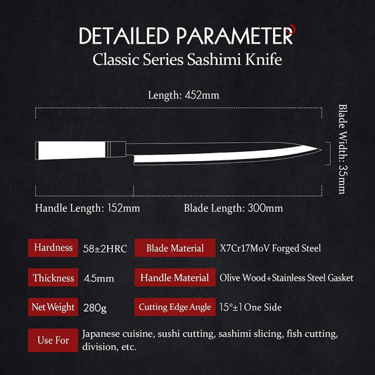 300mm Sashimi Knife,Forged Steel Sushi Yanagiba Knife, Sushi Slicing, Wooden Handle Knife Case