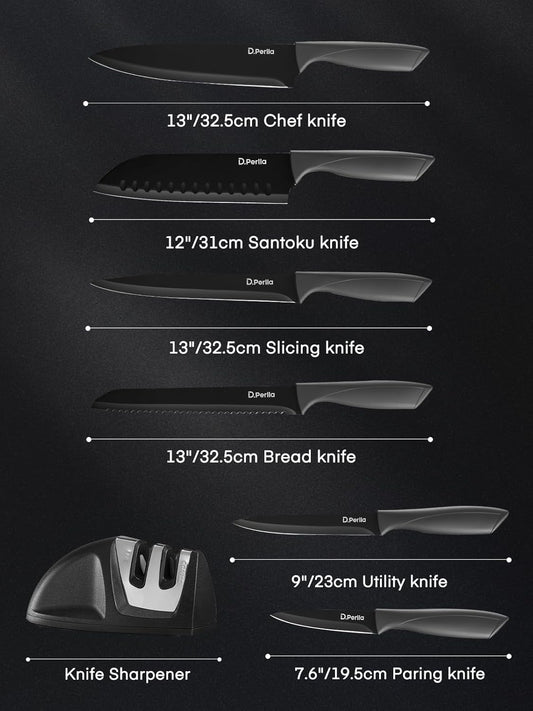 7 PCS Black Knife Set with Sharpener Small Kitchen Knives Set | Space-Saving without Block Comfortable Handle Super Sharp Blade