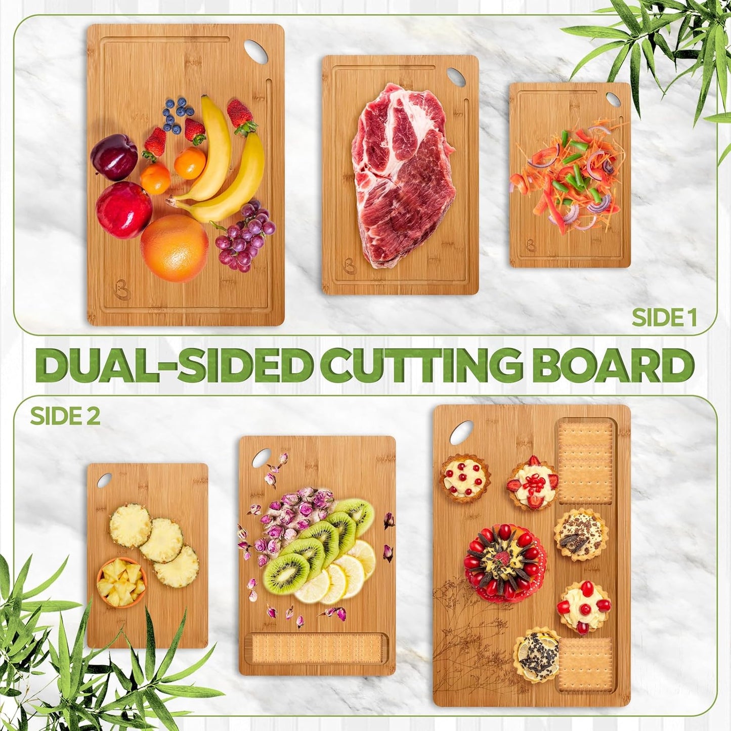 Wood Cutting Boards Set of 3 – Non-Toxic Bamboo Chopping Boards for Kitchen with Deep Juice Grooves – Durable, Eco-Friendly Wooden Serving Boards for Meat, Vegetables & Fruit