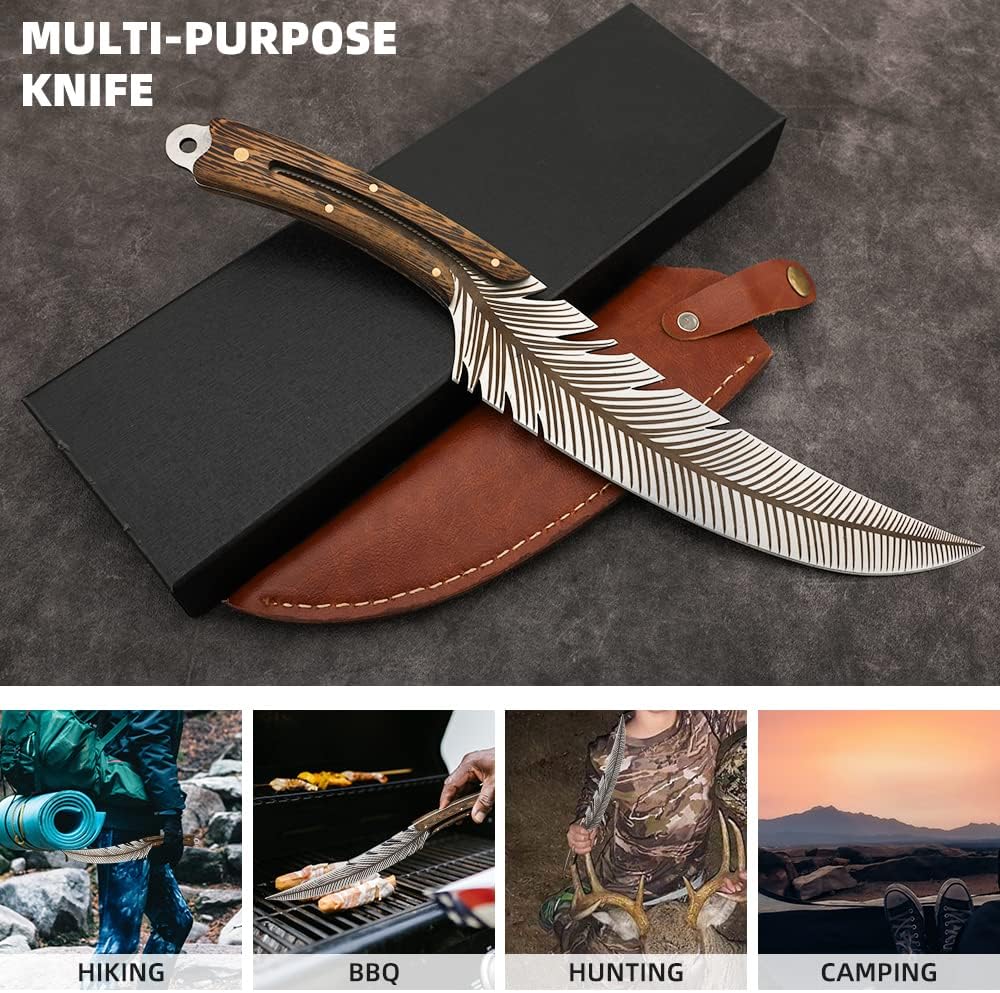 Feather Boning Knife with Sheath For Meat Cutting Cooking ,Hand Forged | Full Tang High Carbon Steel Japan Boning Knife for Kitchen BBQ Hiking Outdoor Camping