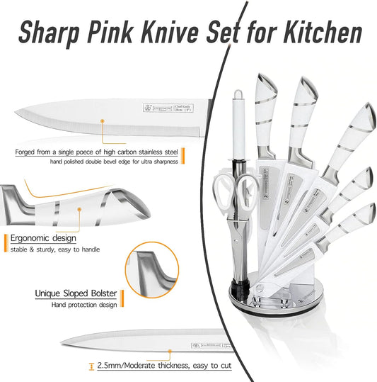 Kitchen Knife Set, 9 Piece Knife Set with Block, with Sharpener, High Carbon Stainless Steel Accessories for Kitchen, Rust Proof, Non-Stick Coated, Ergonomic Hollow Horseshoe-shaped Handle
