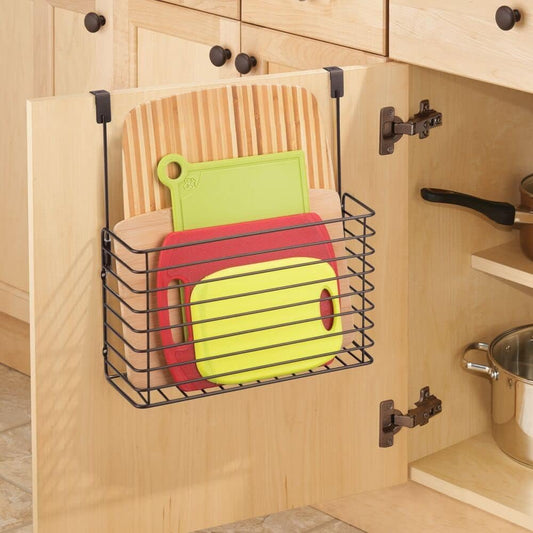 Over The Cupboard Hanging Storage Basket – Metal Bakeware Organiser and Cutting Board Holder – Excellent Kitchen Storage Solution – Bronze