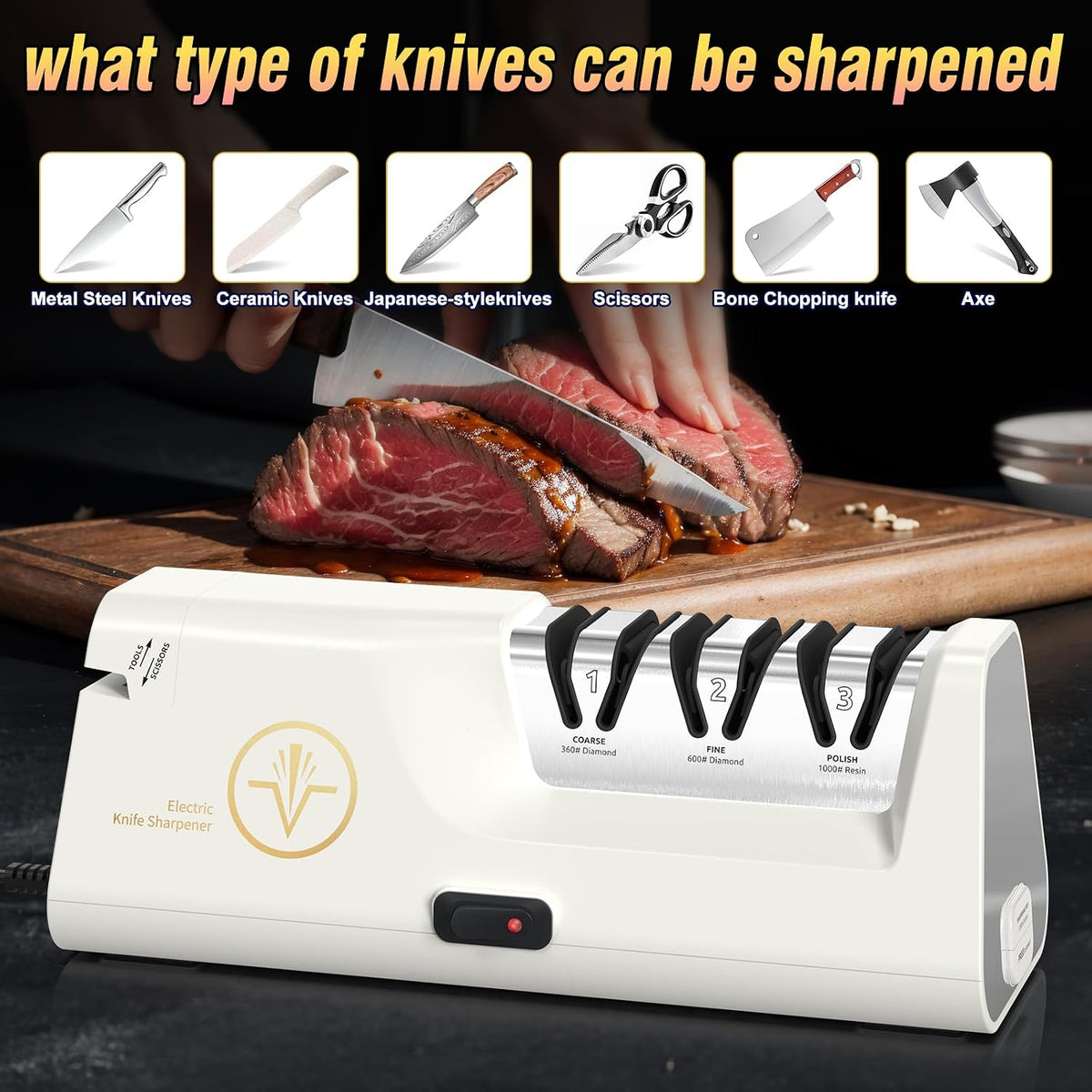Professional Electric Knife Sharpeners with Diamond Abrasives and Precision Angle Guides, Multifunctional 4-Stage Slots and a hidden Knife Sharpener Rod, Suitable for various knives, scissors, axes