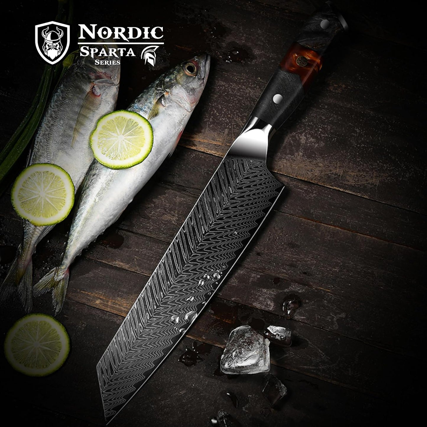 New Sparta Series Pro Kiritsuke Damascus Chef Knife, Japanese VG10 Super Steel, 67 Layers Damascus Steel, Resin and Maple Wood Handle and Leather Sheath (Kiritsuke Knife)