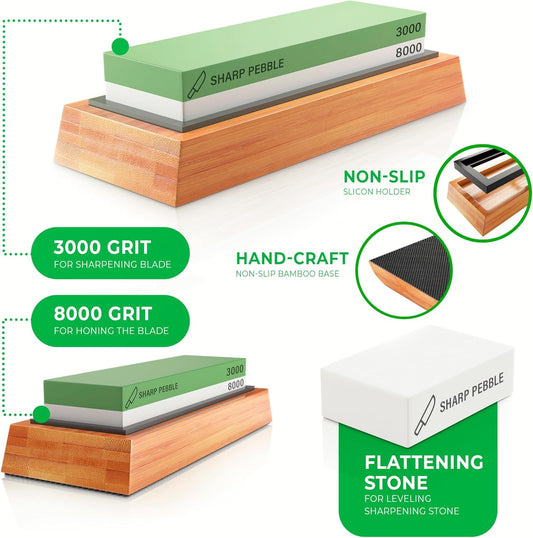Whetstone Sharpening Stone 3000/8000 - with Flattening Stone | 3000 Grit Fine Sharpening & 8000 Grit Polished Finish - Kitchen Knife Sharpener Stone Kit with Non-Slip Bamboo Base
