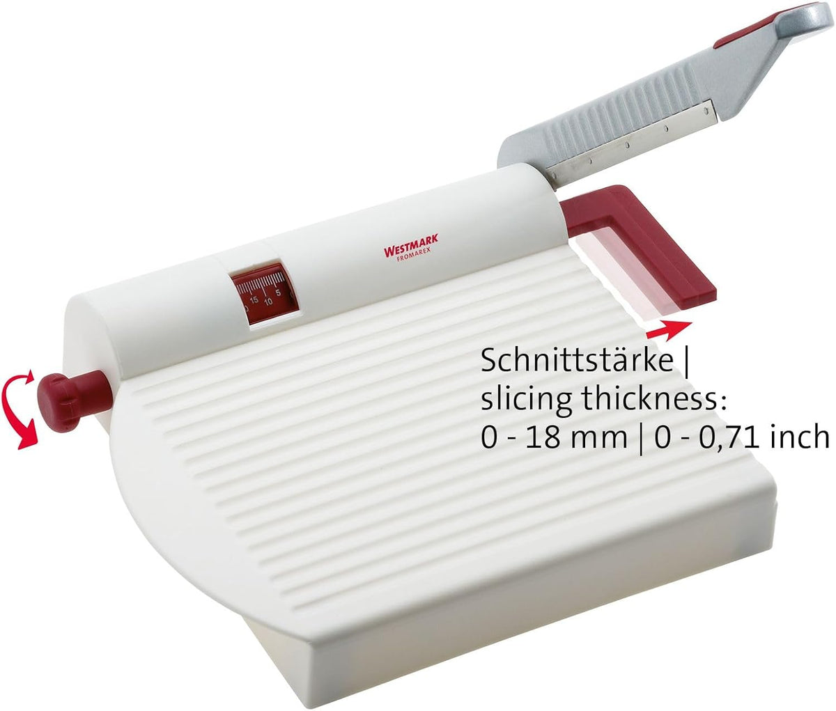 Adjustable Cheese Slicer with Board & Stainless Steel Sharp Blade, German Cheese Cutter with Precise Thickness Control, Multipurpose Food & Cheese Slicer, Effortless Slicing, White