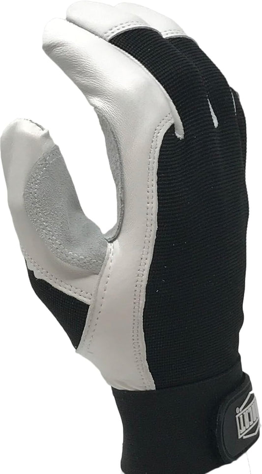 Ironcat Heavy Duty Top Grain Goatskin Leather Glove with Spandex Back, Reinforced Palm, Hook & Loop Closure, White/Black