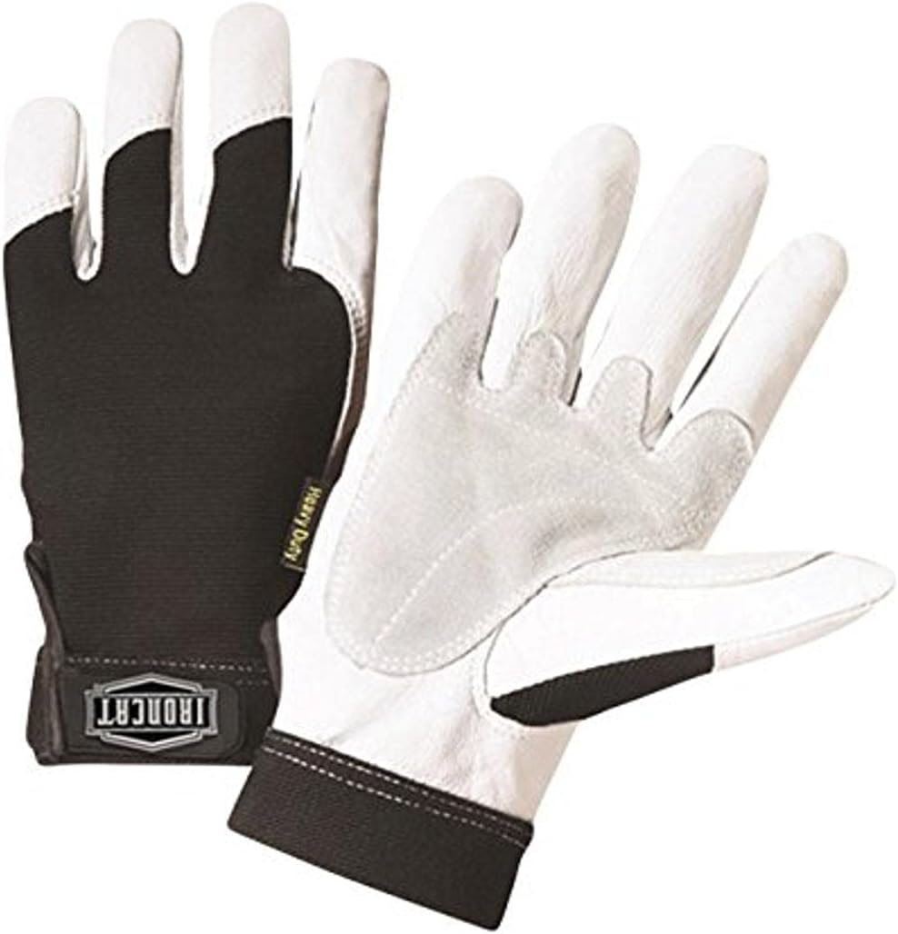 Ironcat Heavy Duty Top Grain Goatskin Leather Glove with Spandex Back, Reinforced Palm, Hook & Loop Closure, White/Black