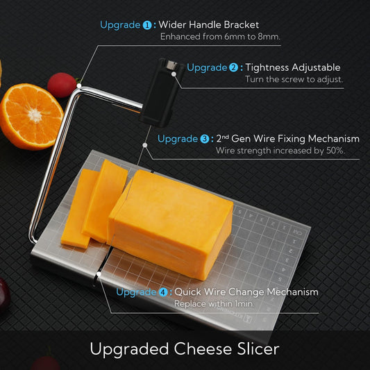Replaceable Wire Cheese Slicer with Board and Measuring Grids,Tightness Adjustable Cheese Slicer, Stainless Steel Metal Cheese Cutter for Block Cheese, Dishwasher Safe, with 2 Extra Wires