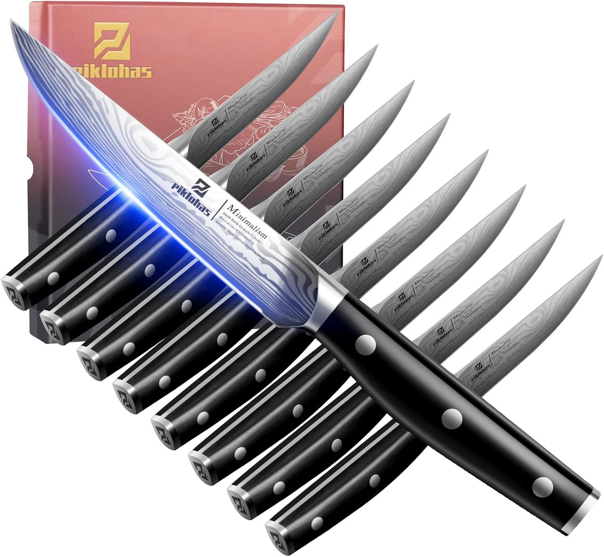 Steak Knives Set of 8 with Drawer Organizer Built-in Sharpener, 4.6 Inch Non Serrated Dinner Knife, Forged German Steel Damascus Pattern Straight Edge Meat Knife with Full Tang Handle, Black