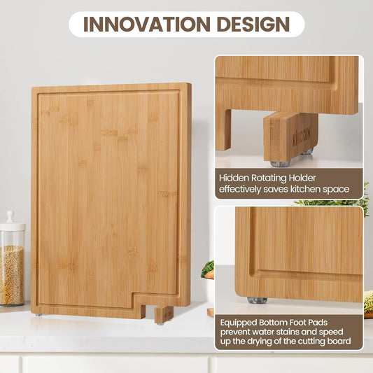 Bamboo Cutting Boards for Kitchen, Extra Large Wood Cutting Board with Rotating Kickstand & Juice Groove, Wooden Chopping Board for Meats Veges Fruits, Heavy Duty Serving Tray, 17 x 11.3 inch