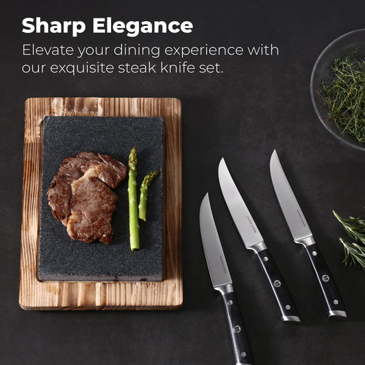 4-Piece 5" Ultra Premium Steak Knife Set | 4 German Non-Serrated Stainless Steel Kitchen Steak Knives + Wood Chef Gift Box | Anti-Fatigue Ergonomic Full-Tang Triple-Riveted Handle, Black