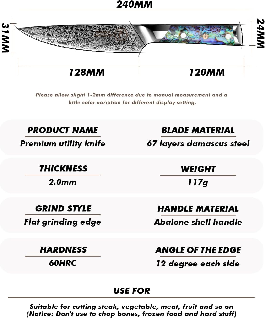 Fanteck Damascus 5 inch Chef Knife Utility Knife,Japanese VG10 Steel Kitchen Petty Knife,Professional Paring Knives High Carbon Super Sharp, 67-Layer with Full Tang Abalone Shell Handle & Wooden Cover