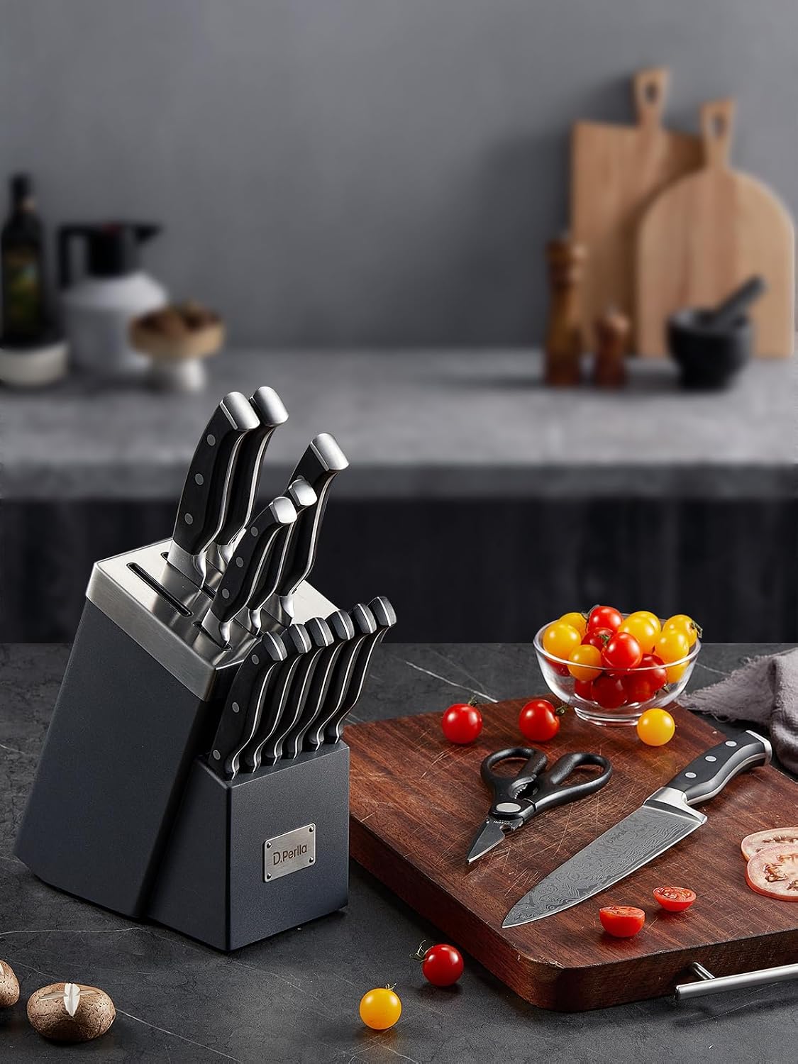 Knife Set, Kitchen Knife Set with Advanced Self-Sharpening Technology, 14 Piece Waved Texture Knife Set with Block, High Carbon Stainless Steel Knife Block Set, Razor-Sharp, Full Tang Handle