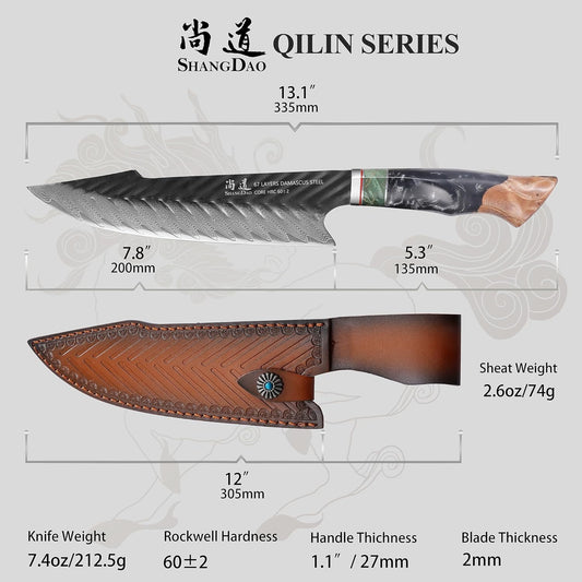 Damascus Chef Knife 8 Inch,67 Layers Alloy Steel Professional Kitchen Knives with Leather Sheath, Hand Forged Resin & Wood Handle QILIN Series