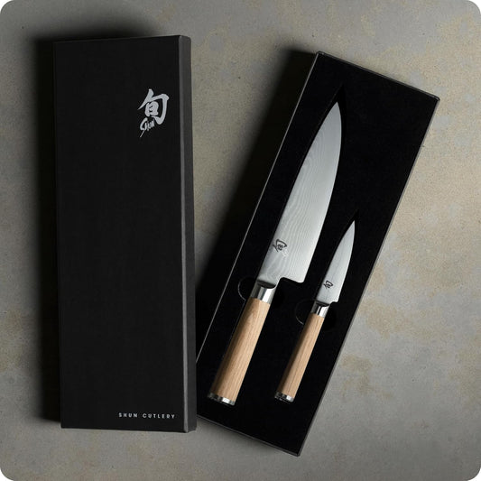 Classic Blonde 2 Piece Starter Set | Includes 8" Chef and 3.5" Paring Knives, Handcrafted, VG-MAX Core, Damascus Stainless Steel Cladding, Pakkawood Handle