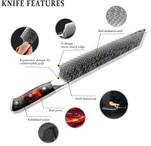 New Sparta Series Pro Kiritsuke Damascus Chef Knife, Japanese VG10 Super Steel, 67 Layers Damascus Steel, Resin and Maple Wood Handle and Leather Sheath (Kiritsuke Knife)