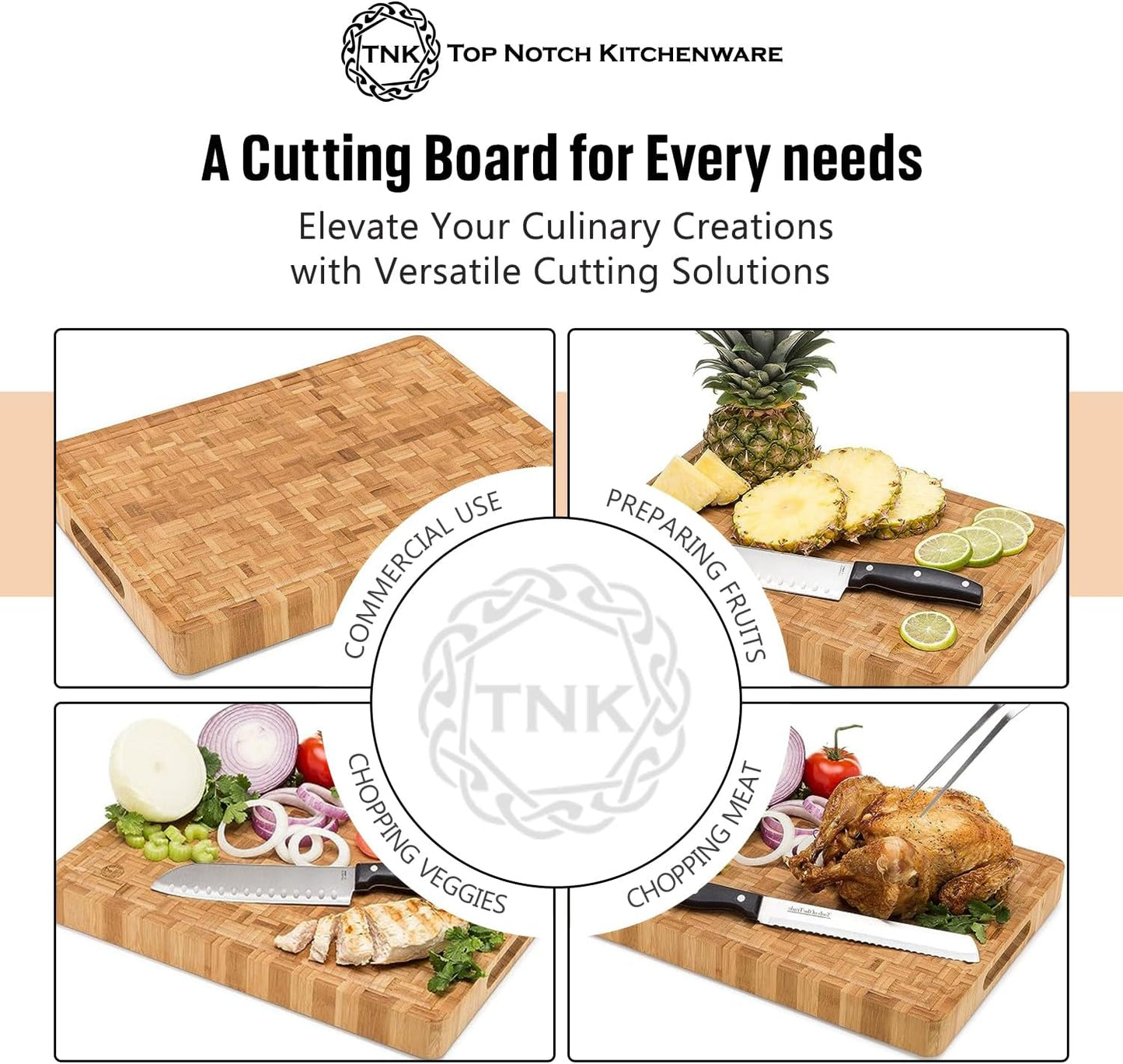 End Grain Wood Bamboo Cutting Board for Kitchen, Commercial Use - Extra Large, Thick Butcher Block with Juice Groove, Handles, and Non-Slip Feet for Chopping Veggies, Carving Meat, Bread and Cheese