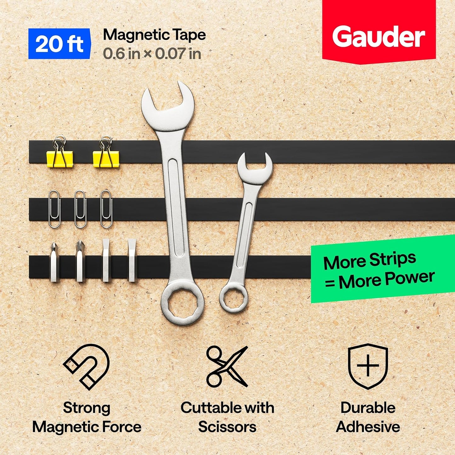 GAUDER Magnetic Tape Strong Self-Adhesive - Cut-to-Length Magnet Strip with High Magnetic Force - Heavy-Duty Adhesive Magnet Tape (10 ft x 0.6 in)