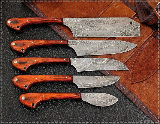 1033 Custom Made Damascus Steel 5 pcs Professional Kitchen Chef Knife Set with 5 Pocket Case Chef Knife Roll Bag by GladiatorsGuild (Red)