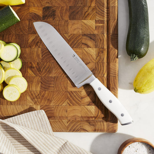 HENCKELS Forged Accent Razor-Sharp Hollow Edge Santoku Knife 7 Inch, White Handle, German Engineered Informed by 100+ Years of Mastery