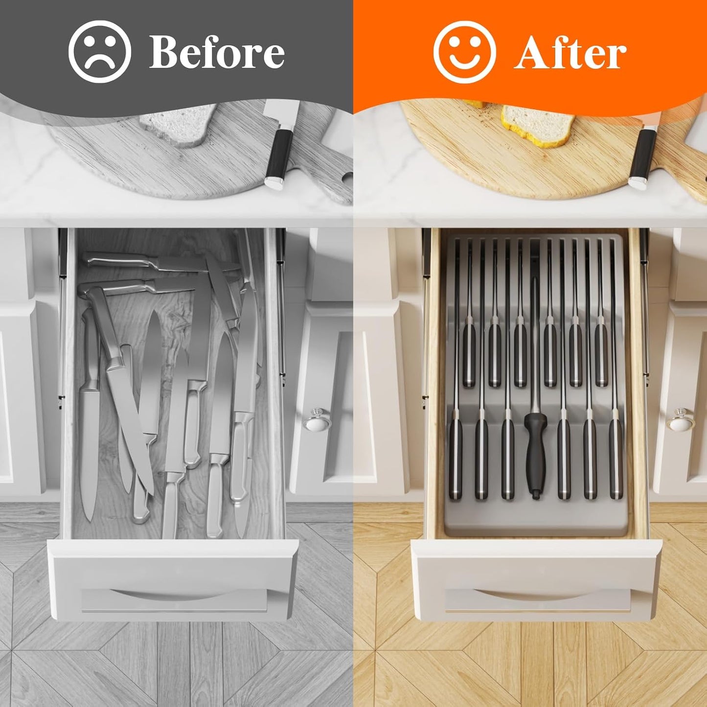 Magnetic Drawer Knife Organizers Insert Pastic for 16 Knives, Gray | Kitchen Plastic In Drawer Knife Block Slots, Steak Chefs Knives Holder Storage for 16 Knives and 1 Sharpening Steel 16.5"