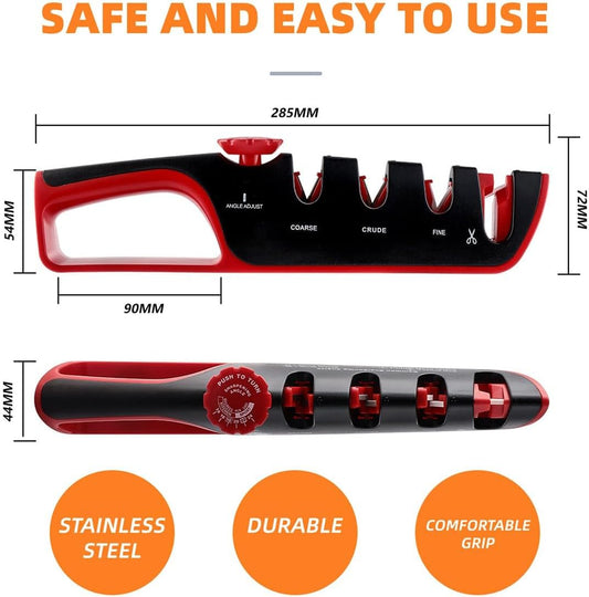 4-in-1 Manual Knife Sharpener – Best Kitchen Knife Sharpener with Tungsten Carbide & Ceramic Stones for All Knives & Scissors | Non-Slip, Adjustable Angle, Knife Sharpening Kit for Home Chefs