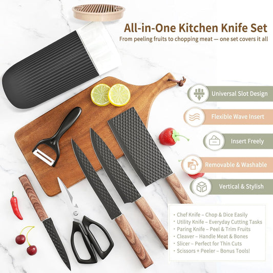 Knife Set, 7-Piece Kitchen Knife Set with Sharp Chef and Meat Knives, Anti-Rust Utility Knives Set for Kitchen, Kitchen Knife Block Set – Black