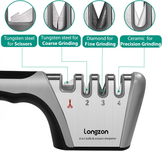 5-in-1 Knife Sharpener 4 Stage with Cut-Resistant Glove, Quickly Sharpens & Restores Dull Blades, Easy & Safe for Home Kitchen Use, Fits Most Knives and Scissors, Black+Silver