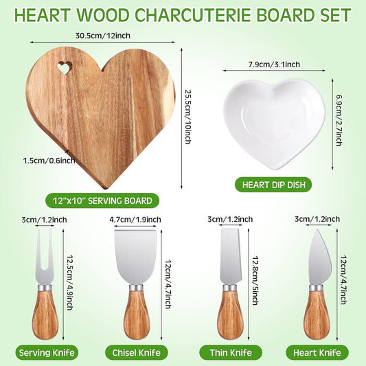 6 Pcs Heart Shaped Charcuterie Board and Serving Set 12 x 10 x 0.6 Inch Acacia Wood Heart Shaped Cutting Board Cheese Serving Platter Plates Ceramic Bowl Cheese Knife Set